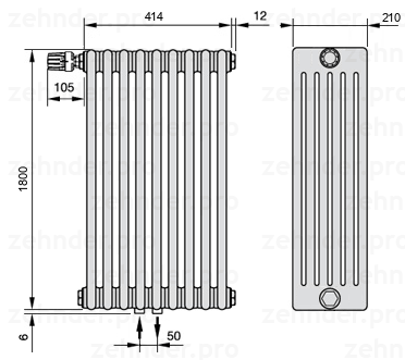 Схема (чертеж) Радиатор Zehnder Charleston 6180/9 №V007 Белый глянцевый RAL 9016